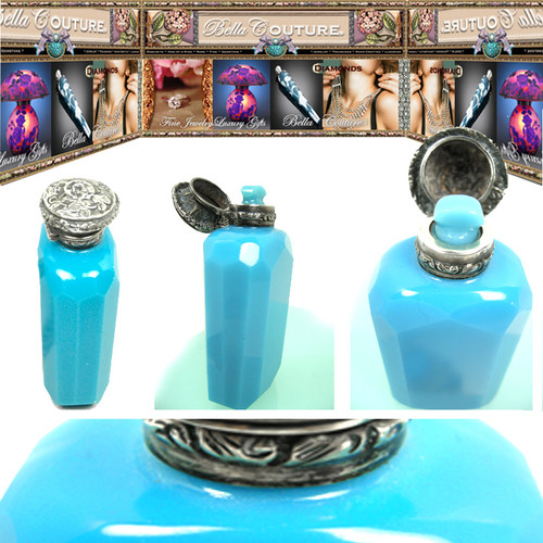 SOLD! - BELLA COUTURE ANTIQUE FRENCH TURQUOISE BLUE OPALINE GLASS SCENT PERFUME BOTTLE