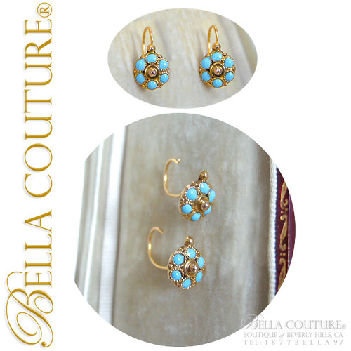 SOLD! - Gorgeous Antique Victorian 18K Yellow Gold Persian Hue Turquoise Enamel Flower Earrings Fine French Jewelry