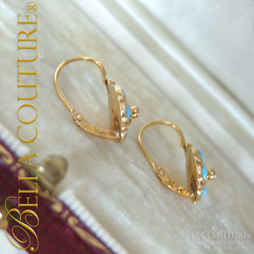 SOLD! - Gorgeous Antique Victorian 18K Yellow Gold Persian Hue Turquoise Enamel Flower Earrings Fine French Jewelry