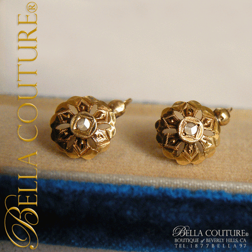 SOLD! - (ANTIQUE) Gorgeous Victorian 18K Yellow Rose Gold Rose-Cut Diamond Circa. 1838 Ornate Earrings Fine French Jewelry Jewellery