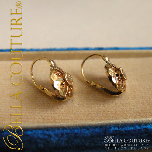 SOLD! - (ANTIQUE) Gorgeous Victorian 18K Yellow Rose Gold Rose-Cut Diamond Circa. 1838 Ornate Earrings Fine French Jewelry Jewellery