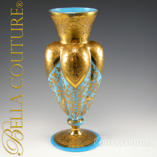 SOLD! - RARE Antique Gorgeous Large MOSER French Floral Blue Opaline Bohemian Gilt Gold Vase
