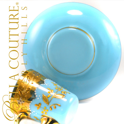 SOLD! - ANTIQUE Gorgeous MOSER Floral Gilt Gold Enamel French Bohemian Blue Opaline Glass Miniature Tea Cup & Saucer Dish Plate