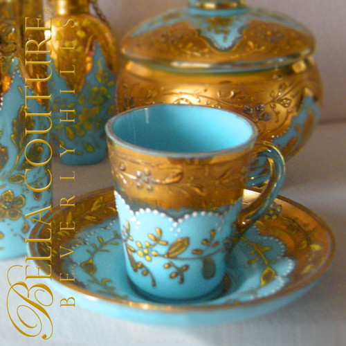 SOLD! - ANTIQUE Gorgeous MOSER Floral Gilt Gold Enamel French Bohemian Blue Opaline Glass Miniature Tea Cup & Saucer Dish Plate