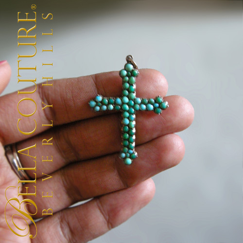 SOLD! - (ANTIQUE) Rare Gorgeous Georgian Victorian Floral Pave Persian Turquoise Sterling Silver Charm Cross Pendant c.1700s - 1840