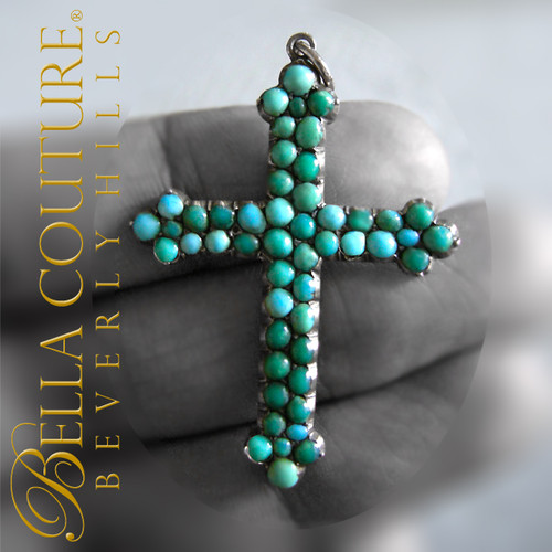 SOLD! - (ANTIQUE) Rare Gorgeous Georgian Victorian Floral Pave Persian Turquoise Sterling Silver Charm Cross Pendant c.1700s - 1840