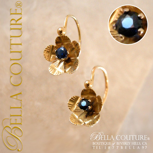 SOLD! - (ANTIQUE) Victorian Blue Sapphire 18K Yellow Gold Floral Flower Petal Earrings