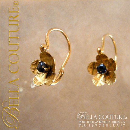 SOLD! - (ANTIQUE) Victorian Blue Sapphire 18K Yellow Gold Floral Flower Petal Earrings