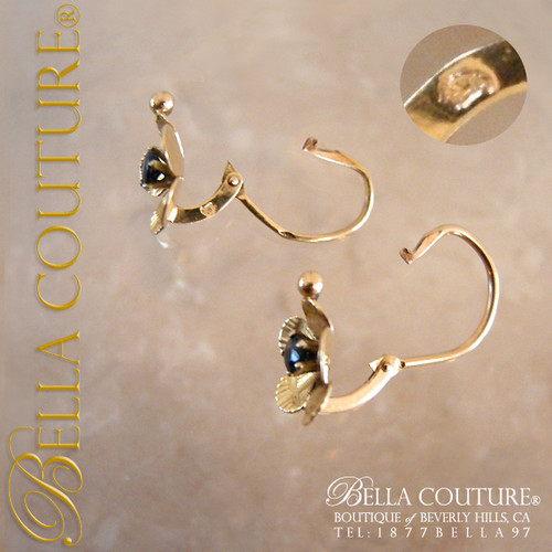 SOLD! - (ANTIQUE) Victorian Blue Sapphire 18K Yellow Gold Floral Flower Petal Earrings