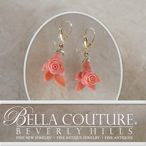 SOLD! - (ANTIQUE) Rare Georgian Victorian Carved Rose Flower & Leave Coral 18K Gold Earrings