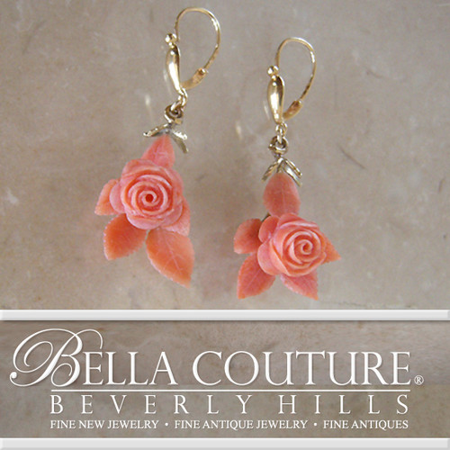 SOLD! - (ANTIQUE) Rare Georgian Victorian Carved Rose Flower & Leave Coral 18K Gold Earrings