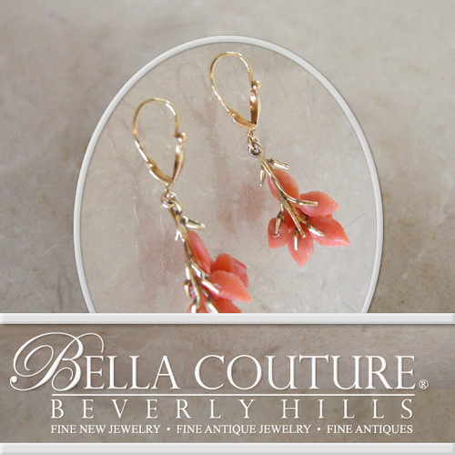 SOLD! - (ANTIQUE) Rare Georgian Victorian Carved Rose Flower & Leave Coral 18K Gold Earrings
