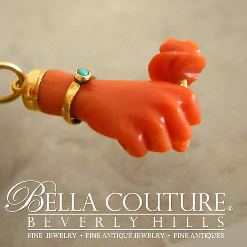 SALE PENDING! - ANTIQUE Rare Georgian Victorian Carved Coral Hand Rose Flower & Miniature Turquoise 18K Gold Charm Bracelet