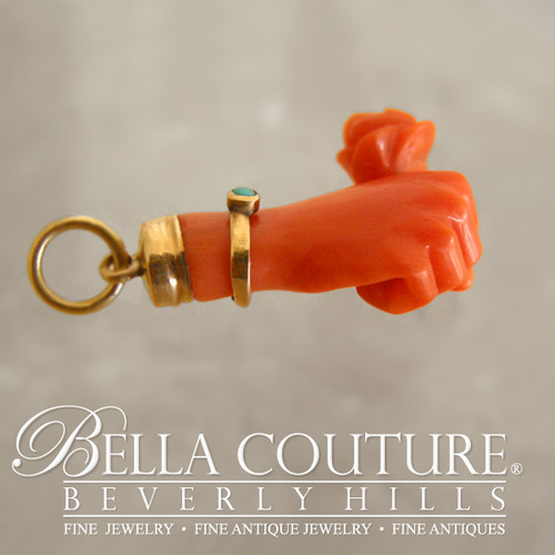 SALE PENDING! - ANTIQUE Rare Georgian Victorian Carved Coral Hand Rose Flower & Miniature Turquoise 18K Gold Charm Bracelet
