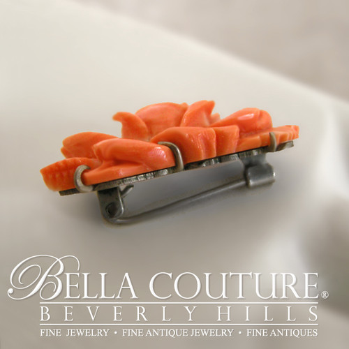 SOLD! - (ANTIQUE) Rare French Victorian Carved Coral Flowers & Roses Flower Miniature Brooch Pin