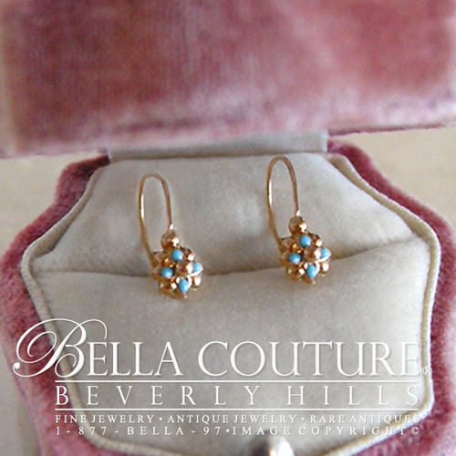 SOLD! - (ANTIQUE) Rare Danity Victorian 18K Gold Turquoise Enamel Flower Earrings Fine French Jewelry Jewellry