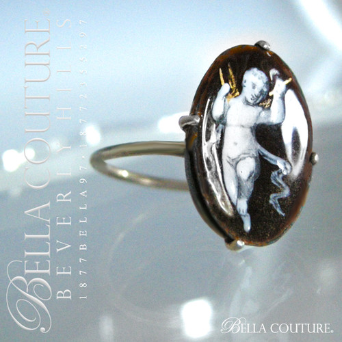 SOLD! - (ANTIQUE) Rare Georgian Victorian 24K Yellow Gold Enamel Putti Cherub CUPIDON Sterling Silver Ring Circa 1714 - 1830