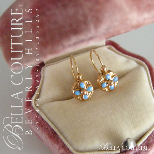 SOLD! -  (ANTIQUE) Rare Victorian Turquoise Blue Enamel 18K Yellow Gold Earrings Circa 1838