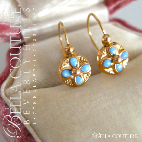 SOLD! -  (ANTIQUE) Rare Victorian Turquoise Blue Enamel 18K Yellow Gold Earrings Circa 1838