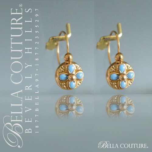 SOLD! -  (ANTIQUE) Rare Victorian Turquoise Blue Enamel 18K Yellow Gold Earrings Circa 1838
