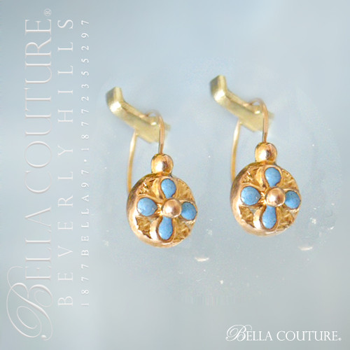 SOLD! -  (ANTIQUE) Rare Victorian Turquoise Blue Enamel 18K Yellow Gold Earrings Circa 1838