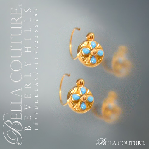 SOLD! -  (ANTIQUE) Rare Victorian Turquoise Blue Enamel 18K Yellow Gold Earrings Circa 1838