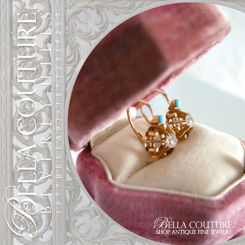 SOLD! - (ANTIQUE) Rare Victorian Gorgeous Persian Turquoise Diamond Paste 18K Yellow Gold Earrings Circa 1880s