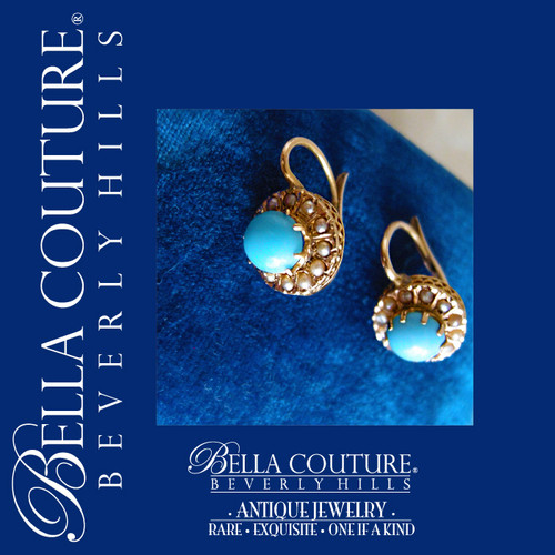 SOLD! - (ANTIQUE) Rare Gorgeous Victorian Persian Turquoise & Seed Pearl 18K Yellow Gold Filigree Earrings