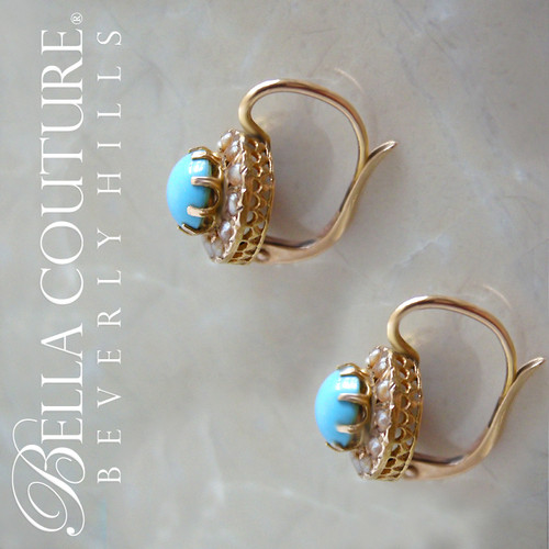 SOLD! - (ANTIQUE) Rare Gorgeous Victorian Persian Turquoise & Seed Pearl 18K Yellow Gold Filigree Earrings