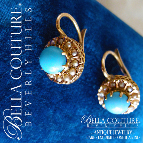 SOLD! - (ANTIQUE) Rare Gorgeous Victorian Persian Turquoise & Seed Pearl 18K Yellow Gold Filigree Earrings