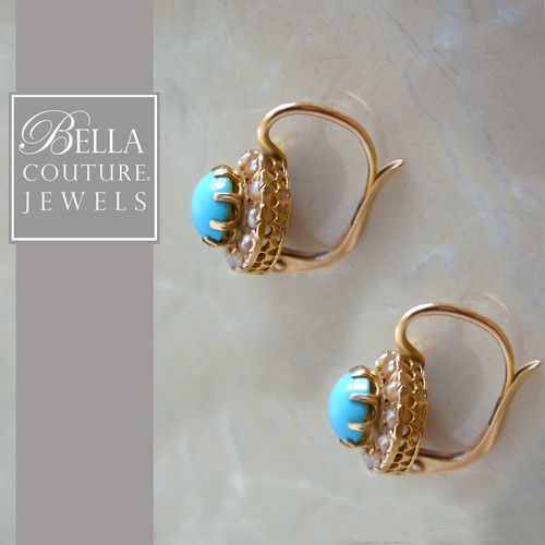 SOLD! - (ANTIQUE) Rare Gorgeous Victorian Persian Turquoise & Seed Pearl 18K Yellow Gold Filigree Earrings