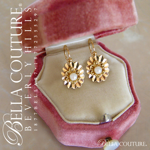 SOLD! - (ANTIQUE) Rare Gorgeous Victorian French 18K 18CT Yellow Gold Dormeuses Pearl (Back to Front) Lever Back Floral Flower Sleeper Earrings