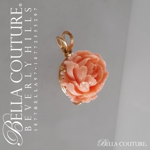 SALE PENDING! (ANTIQUE) Rare Victorian Gorgeous Coral Carved Rose Flower 14K Yellow Gold Necklace Charm Pendant - Fine Jewelry (One of a Kind)
