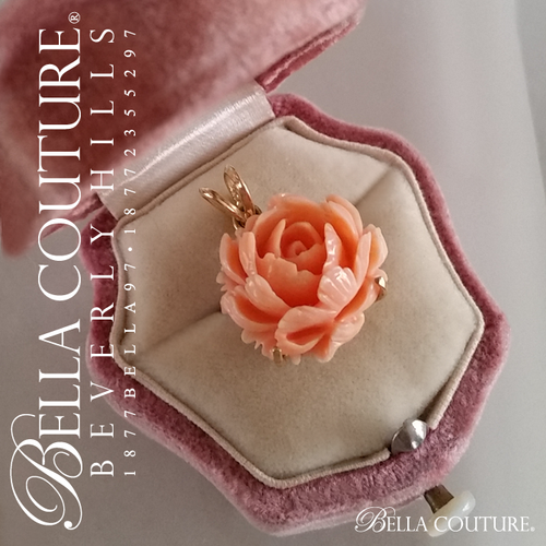 SALE PENDING! (ANTIQUE) Rare Victorian Gorgeous Coral Carved Rose Flower 14K Yellow Gold Necklace Charm Pendant - Fine Jewelry (One of a Kind)