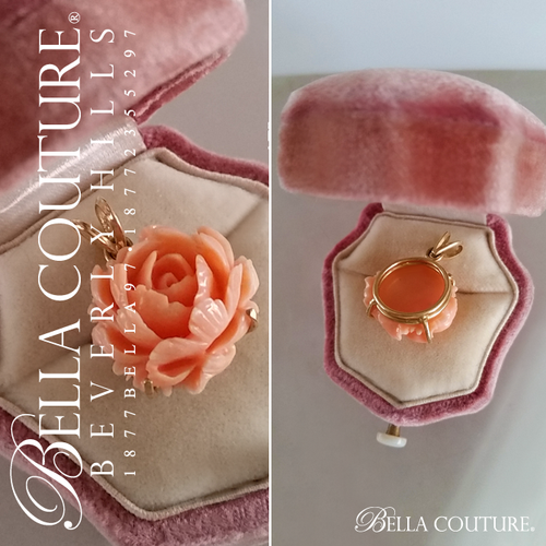 SALE PENDING! (ANTIQUE) Rare Victorian Gorgeous Coral Carved Rose Flower 14K Yellow Gold Necklace Charm Pendant - Fine Jewelry (One of a Kind)