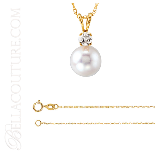 (NEW) BELLA COUTURE 14k Yellow Gold Akoya Cultured Pearl Diamond Pendant & Necklace with 18" Chain