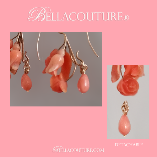 SOLD! - (ANTIQUE) Rare Georgian Victorian Antique 14K Carved Natural Red Coral Floral Flower Blossom Dangle Drop Day and Night Pendant Pierced Earrings