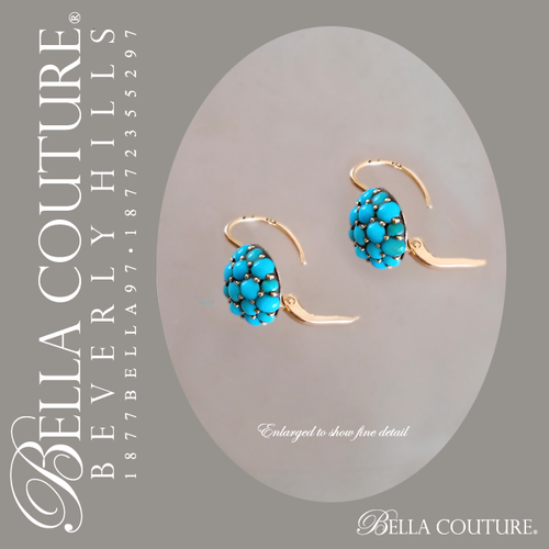 SALE PENDING! - (ANTIQUE) Rare Gorgeous Georgian Victorian Fine Pave' Petite Natural Turquoise 18K Yellow Gold Floral Earrings