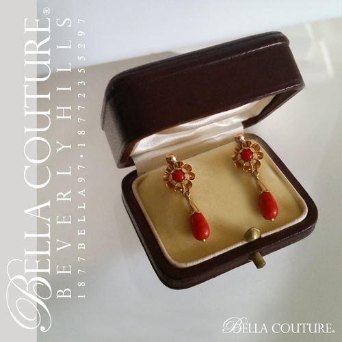SOLD! - (ANTIQUE) RARE Gorgeous French 14K 14CT Yellow Gold Natural Coral Gemstone Charm Pendant Dangle Drop Earrings - One of a Kind - Fine Jewelry Jewellery