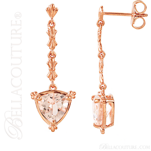 (NEW) BELLA COUTURE Fine Gorgeous Fleur~De~Lis Triliant Cut 2CT Pink Morganite 14K Rose Gold Post Earrings (7MM)