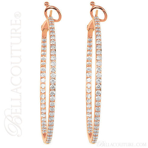 (NEW) BELLA COUTURE BETHANY Gorgeous Brilliant 2CT Pave' Diamond Inside/Out 14K Rose Gold Hoop Earrings