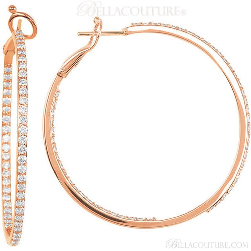 (NEW) BELLA COUTURE BETHANY Gorgeous Brilliant 2CT Pave' Diamond Inside/Out 14K Rose Gold Hoop Earrings