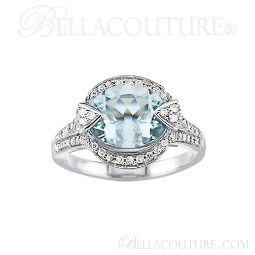 (NEW) BELLA COUTURE HAMPTON Collection Gorgeous Brilliant Aquamarine & 1/2CT Diamond 14K White Gold Ring (11x9mm)