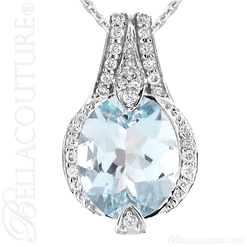 (NEW) BELLA COUTURE HAMPTON Collection Gorgeous Brilliant Aquamarine 1/5CT Diamond 14K White Gold Pendant (11x9mm)