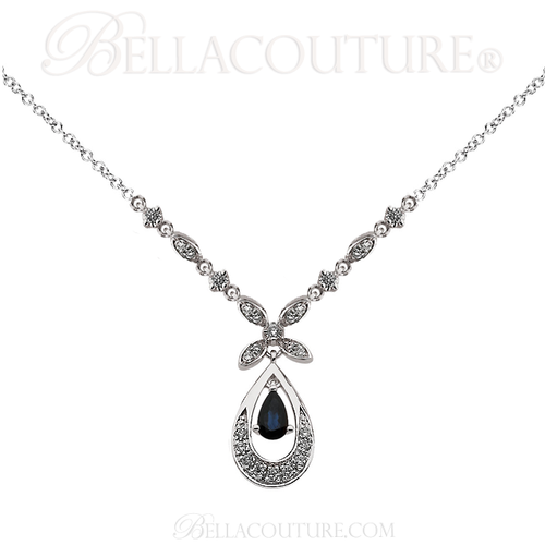 SOLD OUT! - (NEW) BELLA COUTURE FINE DIAMOND GENUINE SAPPHIRE 14K WHITE GOLD DANGLE DROP PENDANT NECKLACE (7x5MM)(18" Inches in Length)