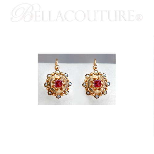 SOLD! (ANTIQUE) Rare EXQUISITE French Victorian 18K 18Ct Solid Yellow Gold Cushion Cut Ruby & Cultured Pearl Gemstone Earrings Circa 1700s - 1840s Fine Jewelry
