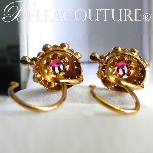 SOLD! (ANTIQUE) Rare EXQUISITE French Victorian 18K 18Ct Solid Yellow Gold Cushion Cut Ruby & Cultured Pearl Gemstone Earrings Circa 1700s - 1840s Fine Jewelry