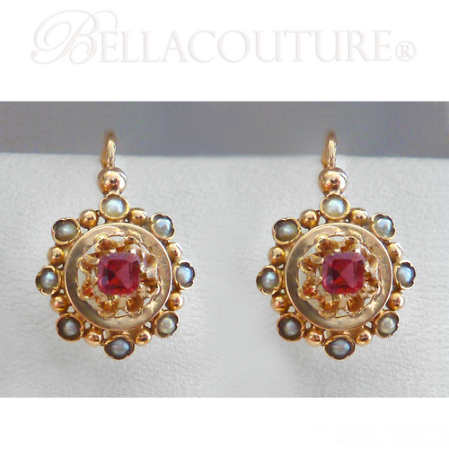 SOLD! (ANTIQUE) Rare EXQUISITE French Victorian 18K 18Ct Solid Yellow Gold Cushion Cut Ruby & Cultured Pearl Gemstone Earrings Circa 1700s - 1840s Fine Jewelry