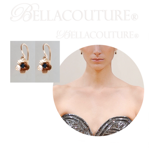 SOLD! - (ANTIQUE) Gorgeous Rare French Floral Flower Figural Etched Genuine Natural Blue Sapphire Gemstone Victorian 18K 18Ct Solid Rose Gold Earrings - Circa 1838 - Fine Jewelry (One of a Kind)