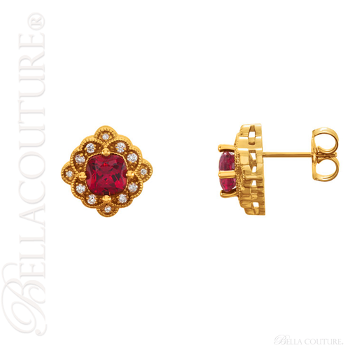 (NEW) BELLA COUTURE CHERISH Fine Elegant Antique Cut Ruby Diamond 14k Rose Gold Post Back Earrings